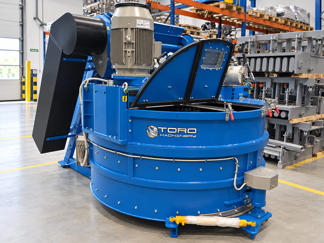 Máquina circular azul con motor superior, chapas negras plegables y el rótulo "TORO Machinery" en el cuerpo, junto a moldes metálicos apilados