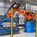 Brazo robótico naranja KUKA tras una valla de rejilla, sobre una base cilíndrica azul con el logotipo "TORO Machinery", con bloques grises apilados en una cinta cercana